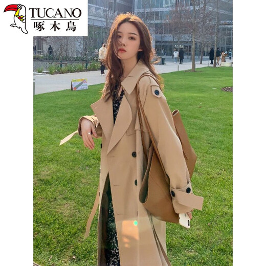 Woodpecker Windbreaker Jacket Women's 2024 Spring and Autumn New Korean Style Suit Collar Mid-Long Jacket Loose Temperament Popular Coat Khaki L