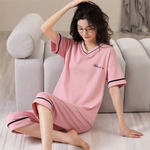 浪莎睡衣女夏季短袖套装宽松春夏天可外穿家居服520情人节礼物 短袖七分裤679 M 建议80-98斤穿
