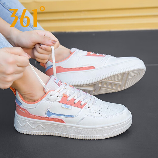 361°女鞋板鞋女新款秋冬季皮面休闲运动鞋女透气韩版小白鞋四季款 6623羽毛白/粉橘色 37