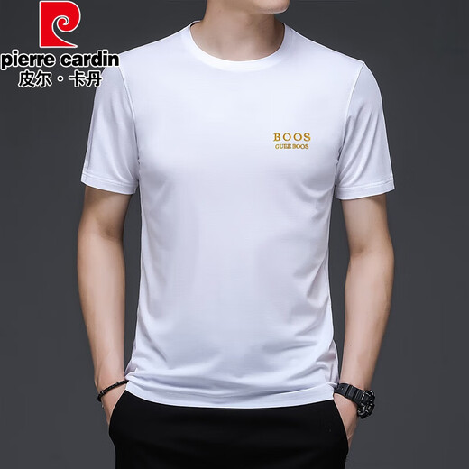 Pierre cardin summer new short-sleeved T-shirt men's round neck T-shirt thin solid color pure black versatile half-sleeved top sweat shirt knitted 733 white L 170