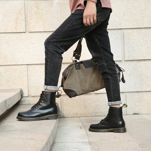 
Leaping foot [cowhide] Martin boots men's genuine leather high-top British style autumn and winter men's work clothes men's boots breathable mid-top leather shoes black [high-top single shoes] 42