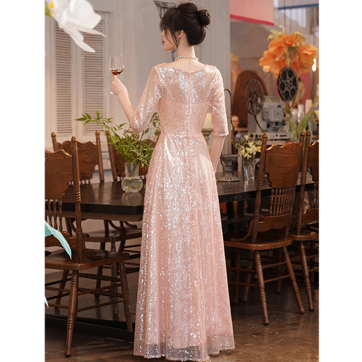 Seidler high-end evening dress 2025 new slim and temperament sequin host performance banquet annual meeting naked pink XXL (recommended 126-135Jin [Jin equals 0.5 kg])