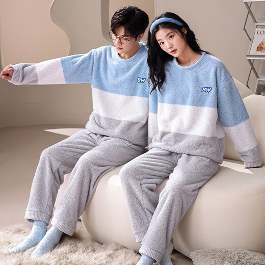 clolv kiss珊瑚绒情侣家居服秋冬款圆领加绒加厚睡衣女冬季法兰绒可外穿套装 6630 男L