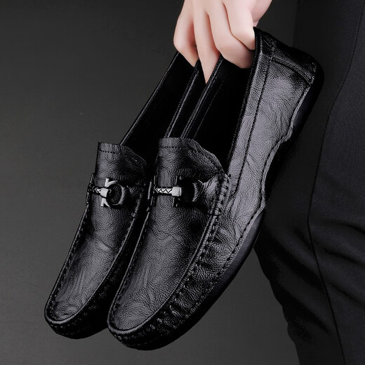 CLOHOO Doudou zapatos para hombres primavera y otoño de cuero de cuero genuino zapatos de cuero casual de cuero suave y transpirable anti-slip versátil pedal de una pieza negro 42 [tamaño de zapato de cuero]