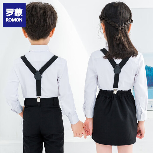 Romon children's suspenders boys graduation performance uniforms graduation chorus performance boy host flower girl dress suit women's four-piece suit black suspenders + short skirt + long-sleeved white shirt + burgundy collar flower 110
