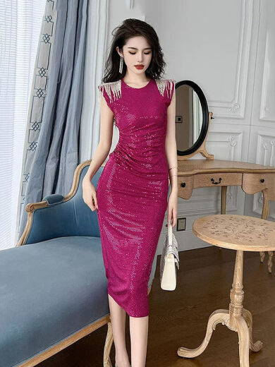 Yubeiji dinner dress women's 2023 new fashion noble dinner party temperament slim slim sexy dress sub-trendy champagne black dress high-quality fabric S (recommended to wear around 82-98)