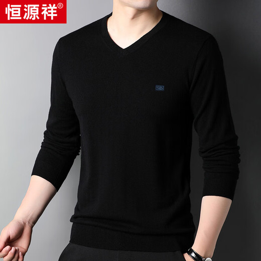 Hengyuanxiang 100% pure wool men's V-neck thin slim fit sweater 15001002 black 175/92A