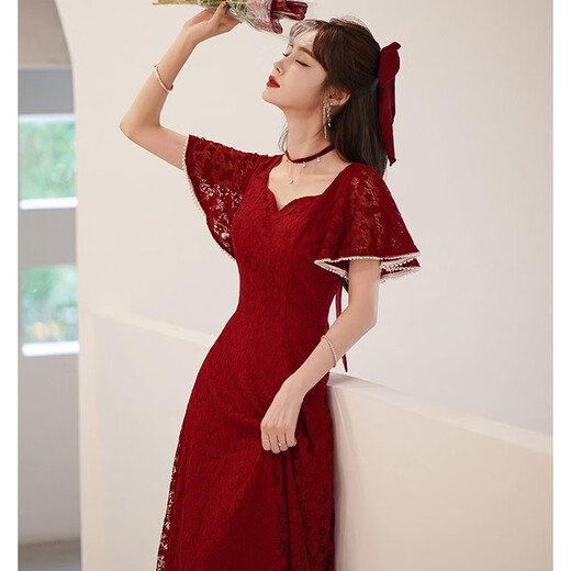 
Lankaroni Lankaroni toast suit bride can wear wedding engagement dress return small evening dress lace burgundy medium length S