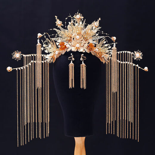 Lingchuan Xiuhe clothing headdress, elegant bridal phoenix crown, red step, long tassel, classical suit, wedding accessories, Xiuhe X-D33 phoenix crown ear clip with ear hook