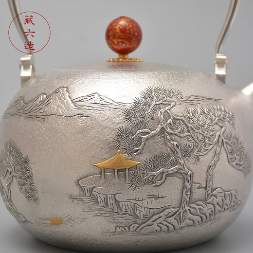 Tibetan six-made silver pot Qingjiang Songting silver pot Pure silver 999 kettle and tea kettle pure handmade high-end Japanese silver pot Qingjiang Songting 1100ml