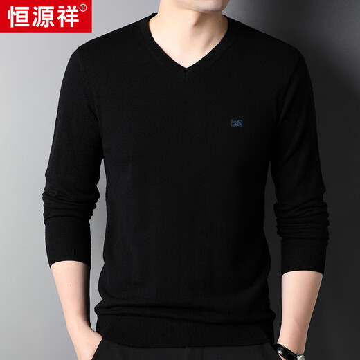 Hengyuanxiang 100% pure wool men's V-neck thin slim fit sweater 15001002 black 175/92A