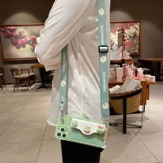 慕文 华为日韩手机壳斜挎零钱包简约女款插卡卡包轻奢软壳可爱挂脖ins风卡通樱桃女孩全包硅胶款 抹茶绿直边+恐龙零钱包+手提绳+斜挎挂绳 华为P40