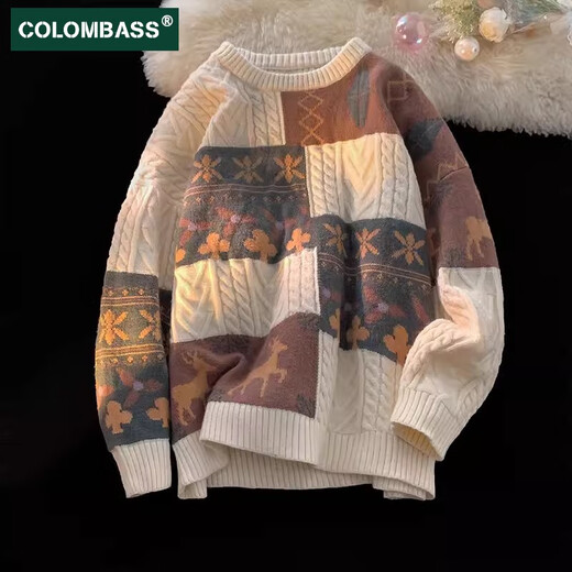 Colombass内搭毛衣男冬季潮牌加厚慵懒打底针织衫复古保暖宽松毛线衣外套 杏色 L