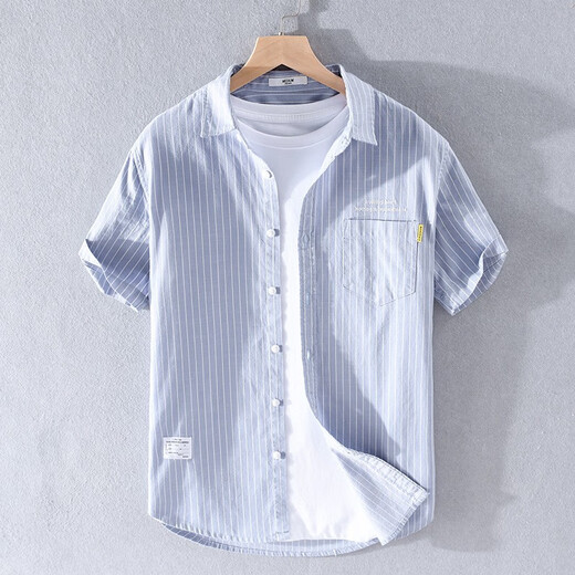 Gosejue summer casual short-sleeved striped shirt men's loose shirt new men's Japanese literary shirt base shirt 9721 white L