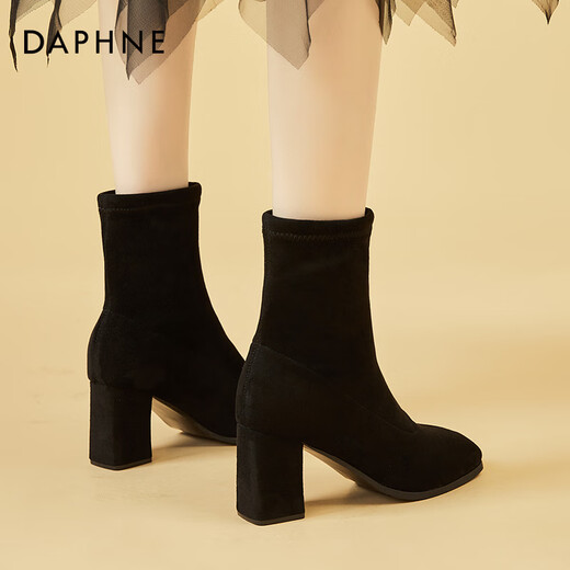 Daphne plus velvet temperament versatile short boots thick heel mid-calf slim boots soft sole high heel women's boots 4622607082 black 38
