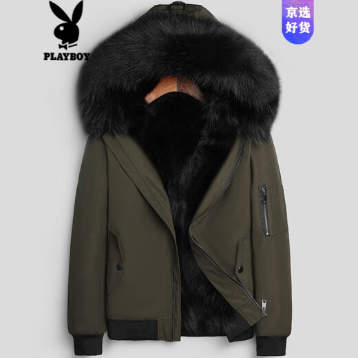 Playboy Light Luxury Overcome Men's Short Winter Haining Fur Liner Real Coat Men's Fur One-piece Jacket Coat Trendy Army Green/Black Raccoon Fur Liner 165/M