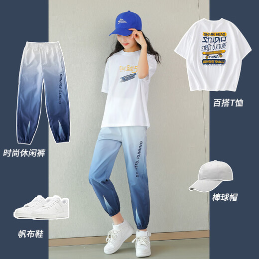 mlgt法国风潮童装 女童套装2025新款夏季透气休闲T恤夏装儿童运动装 5735渐变蓝_9905白色(冰丝款)(不含鞋 120 cm