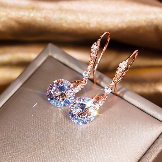 Fuli Baoli 18k gold smart diamond earrings for women, simple long earrings, versatile round diamond earrings for girlfriend for Valentine's Day, rose gold - 3 carats