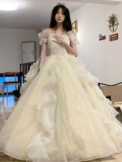 锦人初高端轻奢晚礼服裙女新款仙气学生艺考主持人婚纱 香槟色加裙撑 L