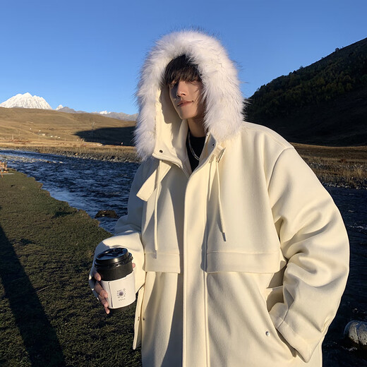 Du Xiaoxian Winter Cotton Coat for Men New Fashion Brand Flowing Trapa de trabajo engrosado para hombres con capucha collar de piel grande chaqueta de algodón cálida WT4855 Apricot M [sugerido 90-120 Jin [Jin iguala 0.5 kg]]]