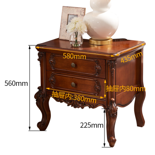 Growdear European style bedroom retro storage drawer storage cabinet American country style solid wood carved bedside table custom color all solid wood bedside table