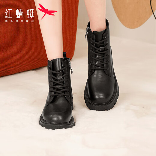 Red Dragonfly Autumn and Winter Thick-soled Heightened Martin Boots Outdoor Warm Cotton Shoes Women's Boots Plus Velvet Slim Boots WTC43977 Black 37