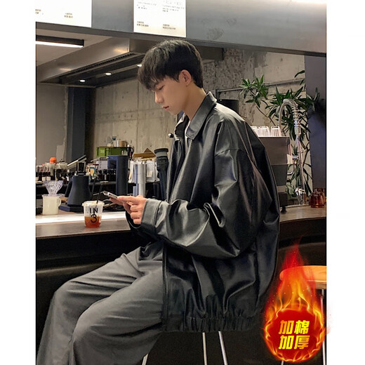 OEMG American motorcycle PU leather jacket for men and women in spring, autumn and winter handsome high street trendy loose couple jacket tops black regular style XL recommended 125-140 Jin Jin equals 0.5 kg