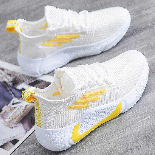 Women's shoes summer casual shoes women's lace-up fashionable versatile white shoes comfortable fly woven breathable low-top women's shoes Korean style trendy shoes soft sole cushioning yellow 37