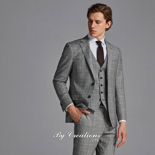 By Creations High-count yarn pure wool suit men's retro business versatile plaid suit professional commuting formal gray and white plaid 48 (175/92A)