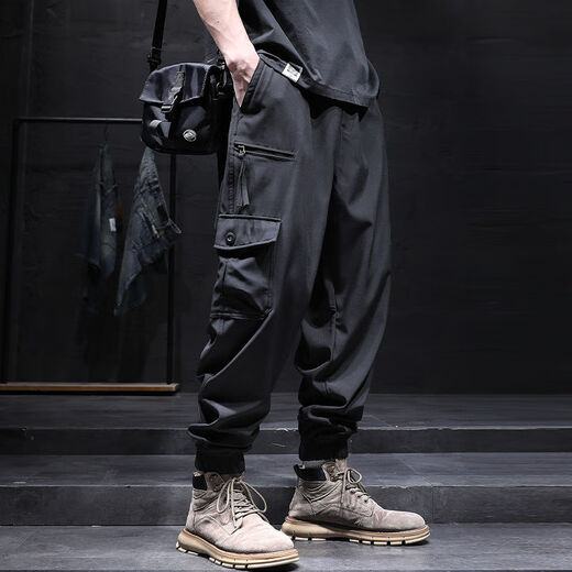 Xuan Laiya zipper workwear casual pants for men spring and summer thin stretch loose large size men Harun casual charge long pants for men black 2XL