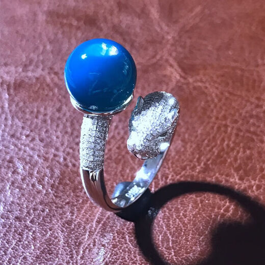 Natural Dominican amber ring S925 silver high blue 3A pure water amber leopard head live ring for women Dominican amber 12mm round beads