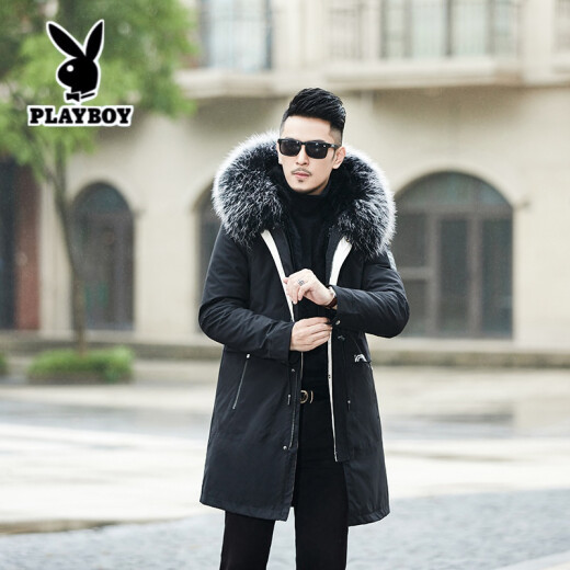 Playboy (Exclusive) Parka Men's Mid-Length Haining Coat Rabbit Fur Liner Fur Integrated Fox Fur Collar Fur Jacket Winter Raccoon Fur Liner - SDG Model XL115-130Jin [Jin is equal to 0.5 kg]