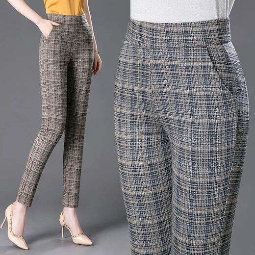 Langwei Ferri Plaidhose für Frauen Frühling und Herbst Neue Frauen mittleren Alters mittleren Alters und elastischer schlanker Graugitter [Elastische Taille] 983# Fleece L [105jin [Jin entspricht 0,5 kg] ~ 115jin [Jin entspricht 0,5 kg]]