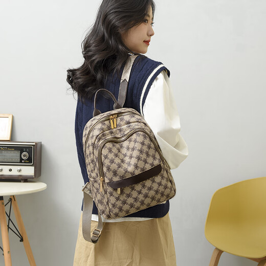 Cooler Känguru -Rucksack für Frauen 2023 Neue Mode vielseitige Großkapazität Schoolbag Weiche Leder Frauen gedruckt Retro Travel Rucksack Trendy Khaki