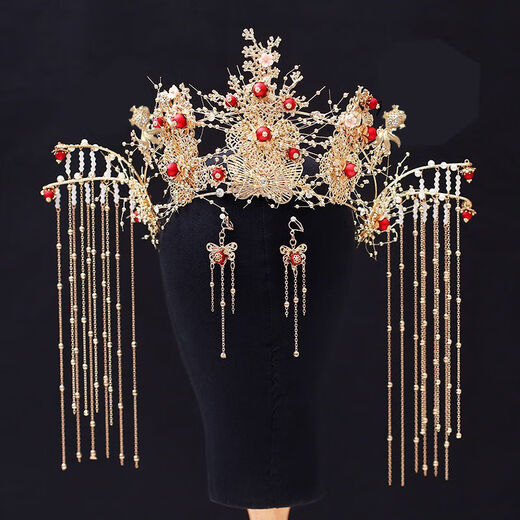 Lingchuan Xiuhe clothing headdress, elegant bridal phoenix crown, red step, long tassel, classical suit, wedding accessories, Xiuhe X-D33 phoenix crown ear clip with ear hook