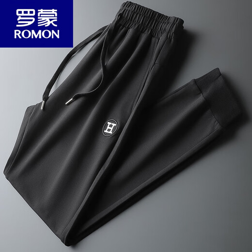 罗蒙（ROMON）运动裤男棉春秋薄款束脚休闲长裤小脚刺绣男士酒红色裤子男卫裤 黑色9928春秋薄款 M