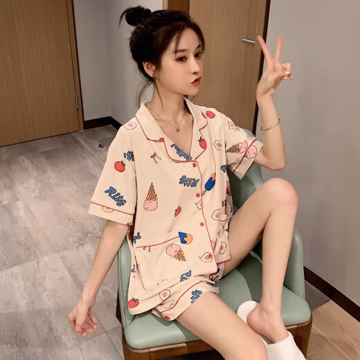 pinkdackeb Japanese cute ice cream pajamas for women summer short-sleeved thin ins style wearable shorts home clothes suit beige M size (90-120Jin [Jin equals 0.5 kg])