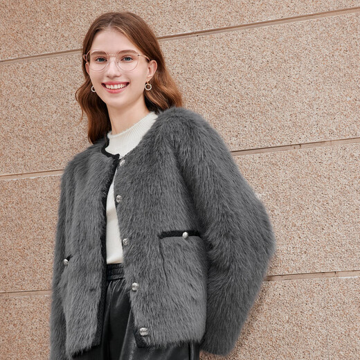 Betu femmes automne et hiver nouveau manteau court ins style patchwork design manteau de fourrure respectueux de l'environnement pour les femmes 2310T65 gris foncé M