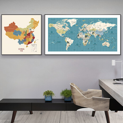 
YIJLJ Living Room Decorative Painting World Map Office Hanging Painting Conference Room Studio Mural School Geography Wall Painting Study Room 12173-12175 (Chinese and English) 160*80 HD fabric picture + PS black frame