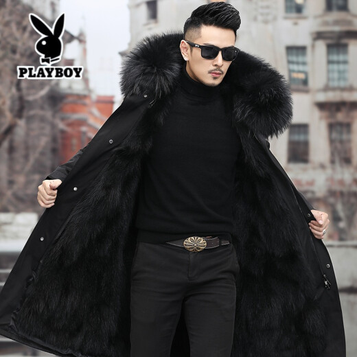 Playboy (Premium Exclusive) Haining Pai overcomes men's long fox fur integrated inner bladder men's fur coat and nickel jacket black knee-length M80-90Jin [Jin is equal to 0.5 kg]