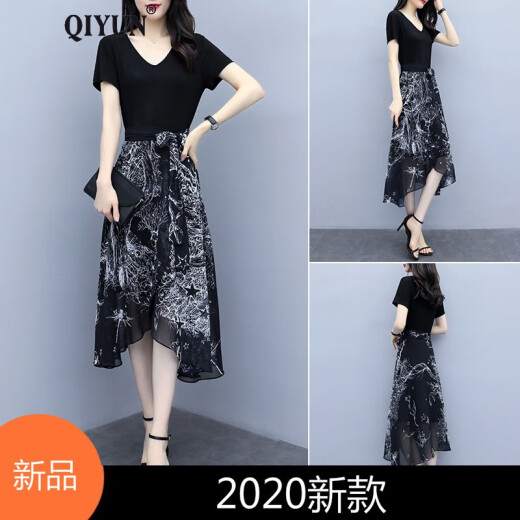 QIYUN black chiffon dress women's new style waist slimming floral floral long summer skirt picture color M