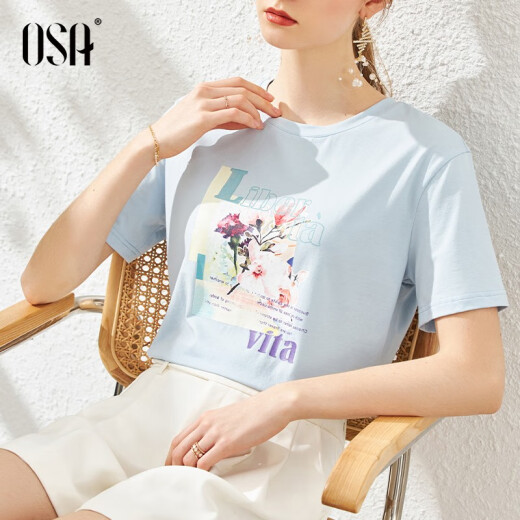 OSA loose printed short-sleeved T-shirt for women 2020 new summer fashionable round neck top cotton T-shirt popular sky blue M