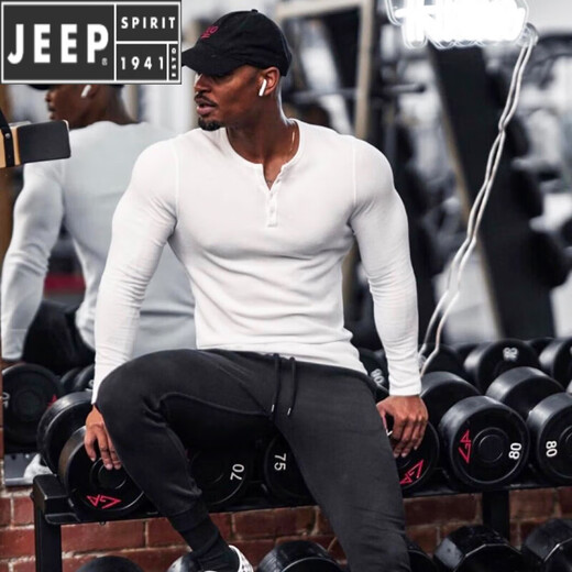 JEEP SPIRIT muscle fitness long-sleeved American Henry shirt bottoming shirt men's tough guy Henry collar T-shirt slim sports casual black M