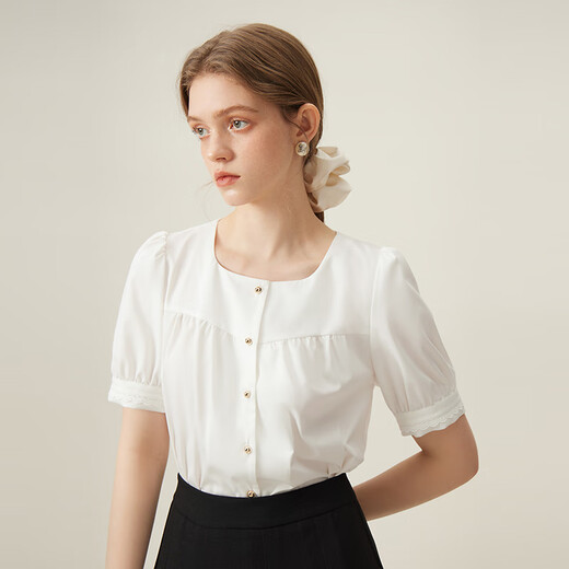 Fan Silan White French Square Collar Camiseta para mujeres 2024 Summer NUEVO TEMPERAMENTO DE CABLADOR Top 24FS12182 White S