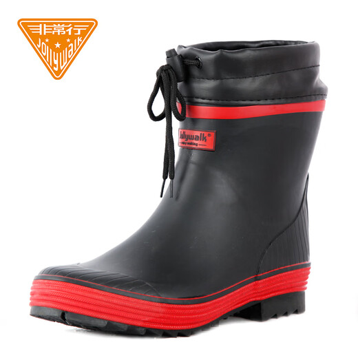 Very good (Jolly Walk) Rubber Rain Shoes Waterproof and Anti-Slip Rain Boots Fashionable rubber shoelaces and mouth-protecting shoes for men JW258-1 Classic black/red (all inclusive lower edge) 41