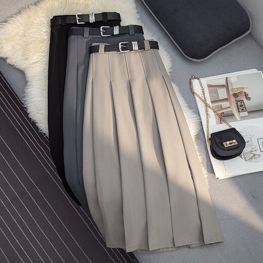 Avmko drapey hip-covering pleated skirt for women 2025 new high-waisted suit skirt mid-length A-line bottoming skirt college style light gray S