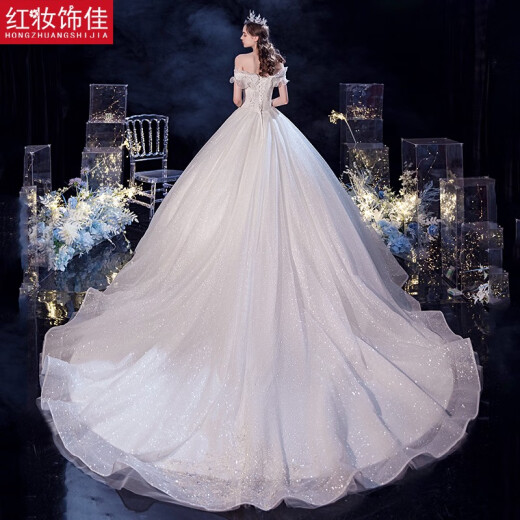 Hongzhuangjia 2022 new main wedding dress bride forest starry sky heavy industry luxury one-shoulder wedding dress with large tail [fungus edge collar type] tail L