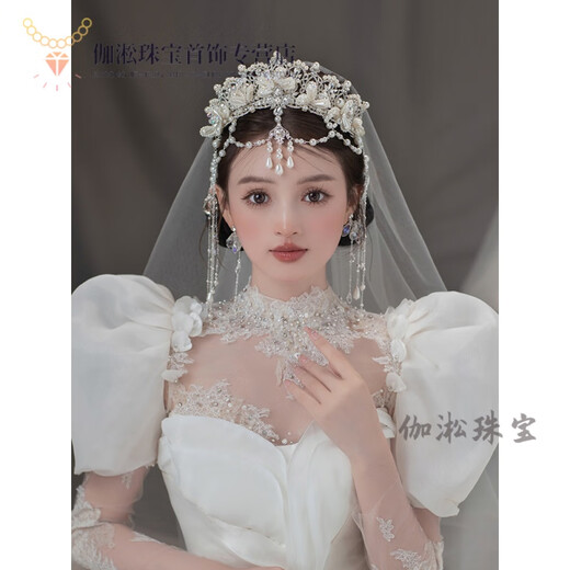 Fang Jinxiang crown tiara bride's handmade pearl tassel forehead ornament eyebrow center pendant main yarn shape wedding dress photo studio crown + ear clip