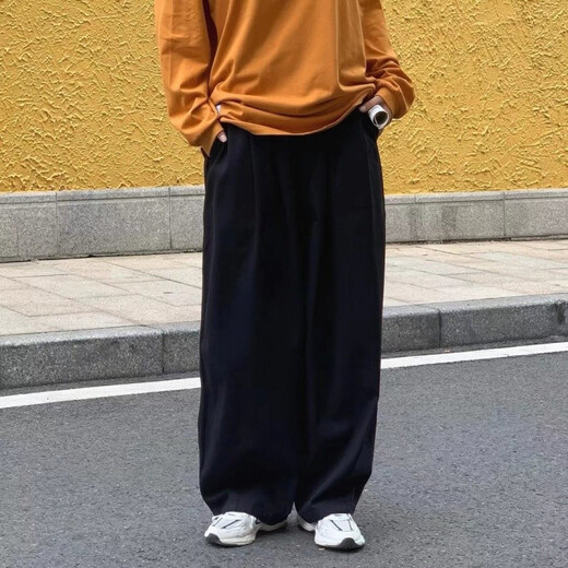 POUM国潮男装联名港风复古休闲裤男裤子男春夏季2023新款直筒阔腿裤 YXXS-A701黑色 XL 【建议130-150斤】