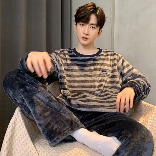 
Pajamas men's autumn and winter thickened coral coral velvet teenager students round neck warm winter home clothing set KZY3890 Men's 2XL code recommended 180CM (150Jin [Jin equals 0.5 kg])